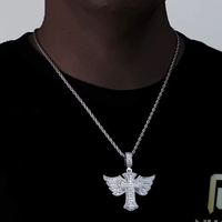 Pendentif Croix Entièrement Sertie de Diamants Effet Glacé Or Argent Micro Pavé Baguette Ailes d'Ange pour Hommes et Femmes Hip Hop