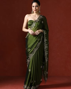 KV Green Embellished <b>Satin</b> Silk Sequined <b>Saree</b> With Unstitched Blouse - Product Image 1