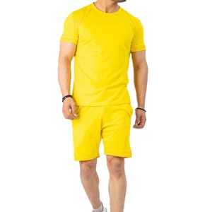 Ensemble deux pièces jaune pour hommes, t-shirt et short décontractés à manches courtes, tenue d'été 100% coton, streetwear - Product Image 5