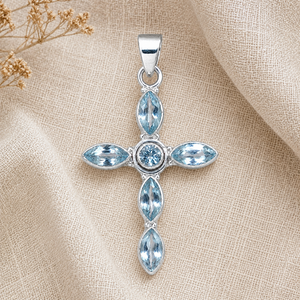 Colgante de Cruz de Plata de Ley 925 con Topacio Azul, Joyería Cristiana Hecha a Mano, Chapado en Oro Rosa de 18K y Oro Amarillo, Regalo para Mujer - Product Image 5