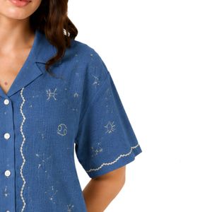 เสื้อเชิ้ตแขนสั้นปักลายราศีสีน้ำเงินสำหรับผู้หญิง เสื้อเชิ้ตผ้าฝ้ายลำลองสำหรับฤดูร้อน มีปก ลายราศี เสื้อแฟชั่น - Product Image 4
