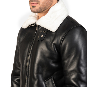 Veste aviateur en cuir véritable noir pour homme, style B3, col en fourrure, hiver, chaude, imperméable - Product Image 6