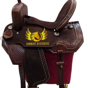 Silla de montar de cuero para caballo estilo western, marrón, personalizada, con diseño floral repujado y adornos de tachuelas, duradera, con estructura de madera, y brida para caballo, portátil, para carreras de barriles inglesas - Product Image 4