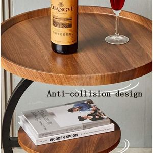 Table d'appoint ronde à 2 niveaux en bois d'acacia massif naturel avec cadre en métal courbé noir pour salon, chambre à coucher, hôtel - Product Image 3