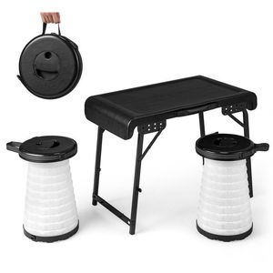 Ensemble de 3 meubles de camping pliants avec 2 tabourets LED rétractables en noir et blanc pour les aventures en plein air - Product Image 4