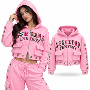 Sudadera con capucha corta de felpa francesa rosa vintage personalizada para mujer, con cremallera doble frontal, pedrería de cristal, logotipo, ecológica, gruesa y de alto gramaje. - Product Image 1