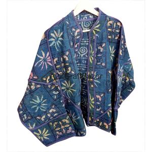 Robe courte d'hiver pour femme en kantha faite à la main, 100 % coton, imprimé floral, col mandarin, matelassée, respirante, séchage rapide, longueur complète - Product Image 2