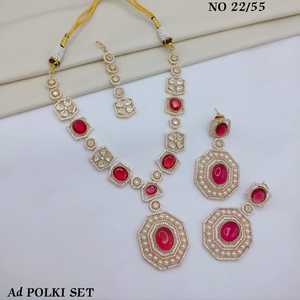 Ensemble de bijoux de créateur AD Polki : collier, boucles d'oreilles pendantes et mang tika, fait main, pour mariée et fêtes, pour femmes, vente en gros - Product Image 4