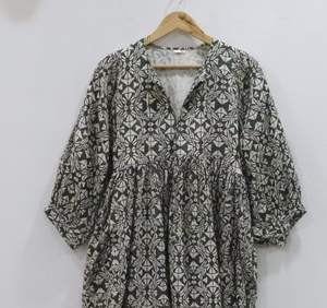 Vestido Túnica Midi Hecho a Mano en India 100% Algodón para Mujer |   Ropa Formal de Oficina Ecológica y Transpirable, Corte en A, Floral, Dibujada a Mano, Natural - Product Image 3