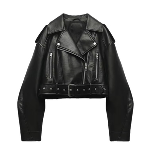 Custom Women Cropped <b>Black</b> Leather Biker <b>Jacket</b> Slim Fit Motorcycle <b>Jacket</b> Belted Punk Streetwear Fashion Outerwear For Unisex - Product Image 1