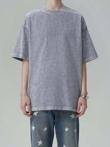 เสื้อยืดวินเทจลายฟอกสีขายส่งสำหรับผู้ชาย ผ้าฝ้าย 100% สวมใส่สบาย เสื้อยืดวินเทจลายฟอกสีแบบเรียบ ทรงโอเวอร์ไซส์ คอกลม แขนสั้น - Product Image 1