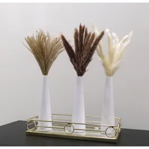 Minimalist Brass Decorative Tray with 3 White Cone Vases for Dried <b>Plants</b> Tabletop Display - Product Image 1