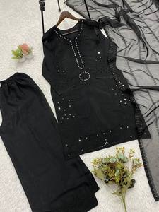 Ensemble Salwar Kameez pour femme, grande taille, en soie noire, style ethnique indien, avec Kurta, Palazzo et Dupatta, broderie riche, idéal pour les fêtes de Bollywood, vente en gros - Product Image 6