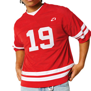 เสื้อเจอร์ซีย์อเมริกันฟุตบอลตาข่ายระบายอากาศขนาดใหญ่ สีแดง สไตล์สตรีทแวร์ พิมพ์ลายหมายเลข คอวี ทรงสปอร์ต เสื้อยืด OEM ODM สำหรับผู้ชาย - Product Image 2