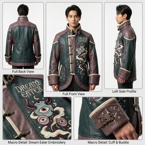 Veste en cuir pour homme de style japonais, col mandarin, design brodé Dream Eater, vêtements d'automne - Product Image 6