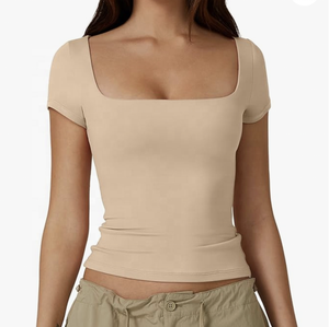 Camisetas flocadas de manga corta con cuello cuadrado para mujer, Camisetas básicas ajustadas para salir - Product Image 2