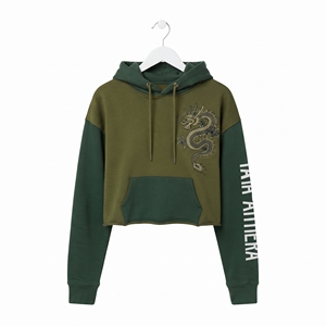 Sudadera Corta Verde Oliva para Mujer con Gráficos de Dragón, Sudadera con Capucha, Ropa Urbana, Moda Femenina, Venta al Por Mayor Personalizada - Product Image 3
