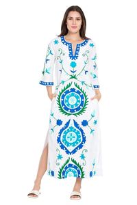 เดรสแม็กซี่ฤดูร้อนคลาสสิกสำหรับผู้หญิงชุดเดรสผ้าฝ้ายสีเขียวเทอร์ควอยส์สวยงามกระเป๋าข้างไซส์พิเศษ - Product Image 3