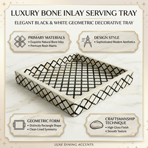 Luxury Bone Inlay Serving Tray | Elegant Black White Geometric Decorative Tray | Handmade <b>Coffee</b> <b>Table</b> Organizer with Handles - Product Image 5