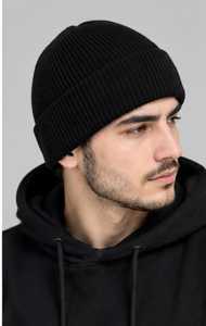 Black Knitted <b>Beanie</b> <b>Hat</b> for Men 100% <b>Wool</b> Winter Warm Cap Casual Solid Color Hand Made Adult Size 56-58CM Cycling - Product Image 5