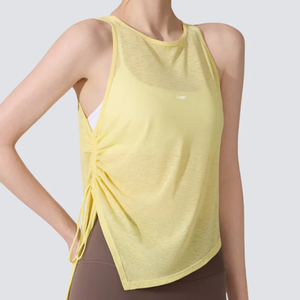 Custom Lightweight Breathable Crew Neck Irregular <b>Asymmetric</b> <b>Hem</b> Side Adjustable Drawstring Women Tank <b>Top</b> for Sports - Product Image 1