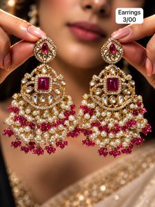 Boucles d'oreilles pendantes ethniques en laiton Kundan, motif floral, avec perles et cristaux, bijoux pour mariage et fête - Product Image 2