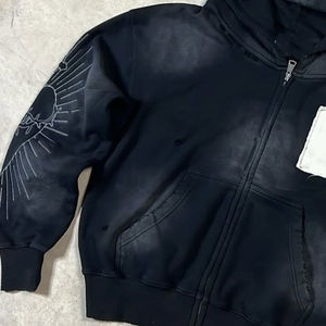 <b>Mens</b> <b>Black</b> Zip Up Hoodie Distressed Graphic Hoodie Oversized Streetwear Hooded Sweatshirt Vintage Washed Casual Jacket - Product Image 2