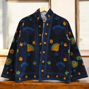 Sunset Embroidered Cotton <b>Jacket</b> With Palm Trees And Floral Design <b>Mandarin</b> <b>Collar</b> Full Sleeve Summer Vacation Style - Product Image 3