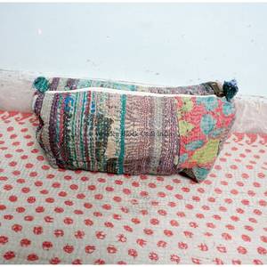 Lot de 3 trousses de toilette matelassées vintage en coton 100 % avec fermeture éclair et pompons, grand format, écologiques et portables pour femmes - Product Image 5
