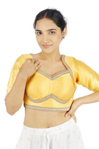 Yellow Embroidered Floral Print Women's <b>Crop</b> <b>Top</b> Blouse 100% <b>Silk</b> Brocade Fabric Short Sleeves Casual Party Wear - Product Image 3