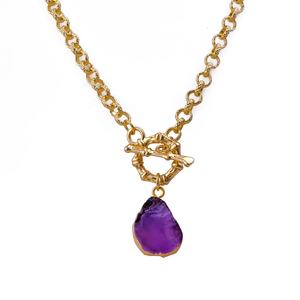 Collier en améthyste brute naturelle, pierre de naissance de février, tendance pour la vie quotidienne, plaqué or, quartz violet brut, pendentif de guérison, bijoux - Product Image 1