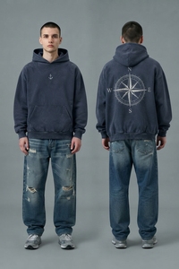Sweat-shirt à capuche pour homme, bleu foncé uni, style décontracté, avec logo sur le devant et poche kangourou, logo personnalisé OEM ODM. - Product Image 3