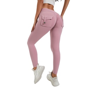 High Waist Pink <b>Leggings</b> With Pockets Full Length Stretch <b>Knitted</b> Sporty Women's <b>Leggings</b> - Product Image 5