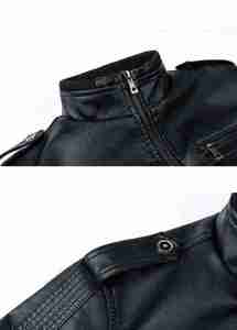 Men's <b>Black</b> Canvas Sherpa PU Moto <b>Jacket</b> Stand Collar Zipper Closure Slim Fit Solid Color Regular Sleeve Winter Motorcycle - Product Image 4