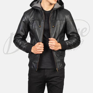 Chaqueta Bomber de Cuero Genuino Negro Premium para Hombre con Capucha - Prenda Exterior Casual de Piel de Oveja Genuina con Corte Ajustado y Ribete Acanalado - Product Image 3