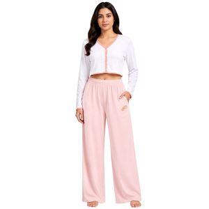 Manufacturer Custom White And Light Pink Women Long Sleeve <b>Crop</b> <b>Pajama</b> Set Soft Cotton Knit Wide Leg Sleepwear Star Print OEM - Product Image 1