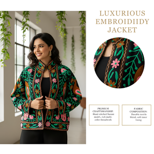 Chaqueta Bomber de Terciopelo con Bordado a Mano de Pavo Real para Mujer, con Cuello Alto Floral y Forro de Algodón, Venta al Por Mayor - Product Image 6