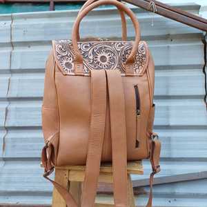 Genuine Leather <b>Backpack</b> With <b>Floral</b> Embossing Tan Color Bohemian Style Zipper Closure Daily Use Women's Bag - Product Image 5