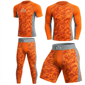 Men's Orange Camo Short Sleeve Rash Guard Sublimation Print Quick Dry Sport Top Front Logo Compression Shirt - Product Image 3