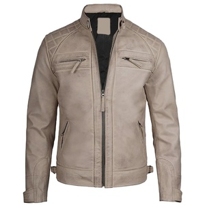 OEM 2026 Best Selling Beige Cowhide Leather <b>Jacket</b> Men's Stand Collar <b>Zipper</b> <b>Pockets</b> 100% High Quality Low MOQ Fashion <b>Jackets</b> - Product Image 1
