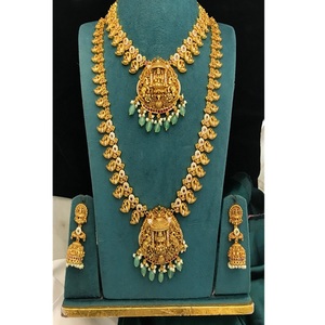 Ensemble collier et boucles d'oreilles de style temple, finition or antique, qualité supérieure, charmant, pour femmes, pour les occasions de mariage et de fête - Product Image 1