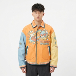 Kitsune Racing Bedruckte Leder-Varsity-Jacke für Herren Streetwear Orange Charakterdesign Umlegekragen Reißverschluss Vorne - Product Image 1