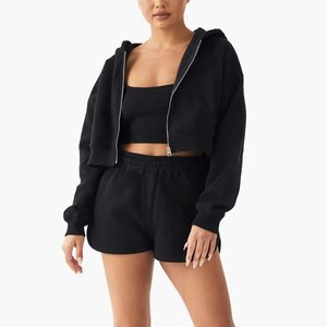 Zipper Up Closure <b>Women's</b> <b>Long</b> Sleeve Outerwear Jacket Hoodie & <b>Shorts</b> Sets Wholesale 100% Cotton Made <b>Women's</b> Hoodies Set - Product Image 1