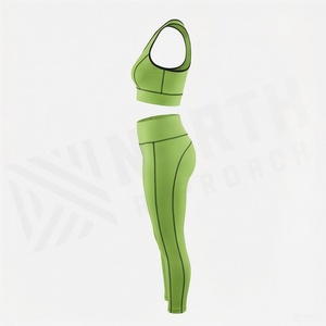 Women's Green 2 Piece Yoga Set Scoop Neck Crop Top High Waist <b>Leggings</b> Contrast Stitch <b>Activewear</b> - Product Image 3