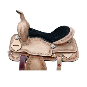 Silla de montar Western de cuero color canela claro para carreras de barriles, con diseño floral grabado a mano, asiento acolchado negro y juego de arreos, 10-18 pulgadas - Product Image 2