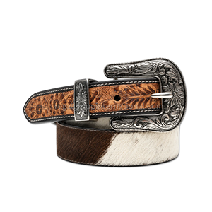 Western Cowboy Genuine Leather <b>Belt</b> with Brown Floral Hand Tooled Design, Brown White Hair On Cowhide, Engraved <b>Silver</b> <b>Buckle</b>, - Product Image 1