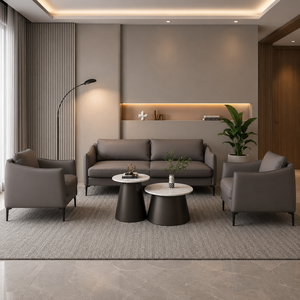 INTELLIGENTIA WOODS - Juego de Sofás de Cuero Modernos y Lujosos de 1+3+1 Plazas con Estructura de Madera Maciza y Espuma de Alta Densidad para Sala de Estar - Product Image 1