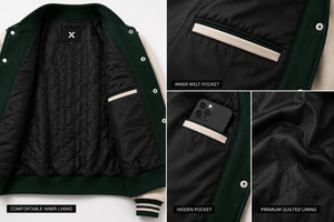 X Sports City Men's Men Classic Wool & Leather Varsity Jacket PU Leather Sleeve Turn-Down Collar Button Filling 100% Polyester - Product Image 5