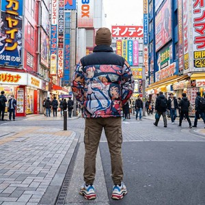 เสื้อแจ็คเก็ตบอมเบอร์พัฟเฟอร์โอเวอร์ไซส์สไตล์ญี่ปุ่นสำหรับผู้ชาย ขายส่ง ซิปแบบตั้ง ฮู้ดมีซิป พิมพ์ลายอนิเมะเต็มตัว อุ่นสบายสำหรับฤดูใบไม้ร่วง - Product Image 5