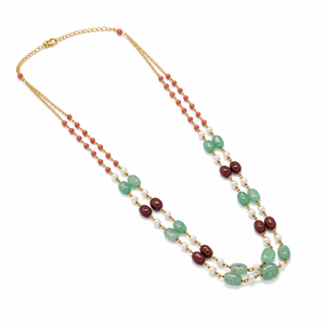 Custom Rhodium Plated <b>Necklace</b> Multi Gemstone Emerald <b>Ruby</b> Coral Bead Pearl Dual Layer Long Haar Chain Fine Women Luxury Gift - Product Image 2
